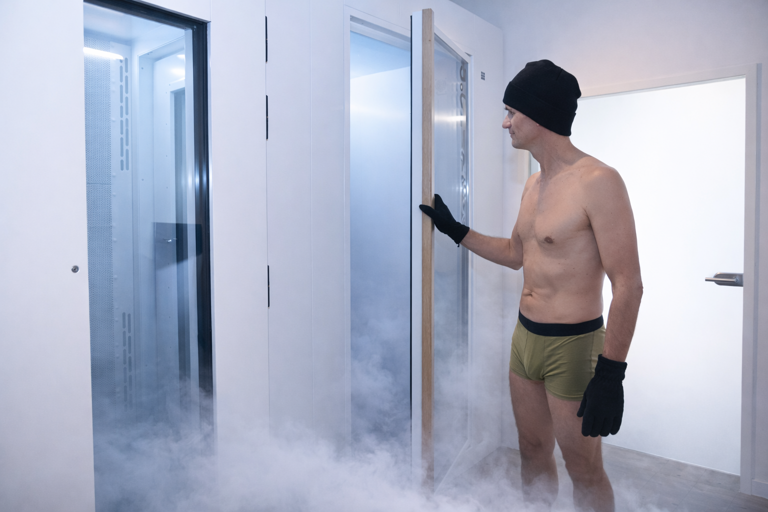 Mann vor einer Kryotherapie Session in der Nuvana Kältekammer in Graz.